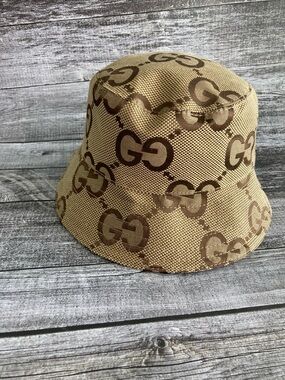 Gucci Brown Logo Beige Canvas Bucket Hat